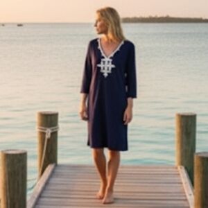 Barbara Gerwit NWT Cotton Midi Dress Coastal Resort Stretch Embroidered Blue XL